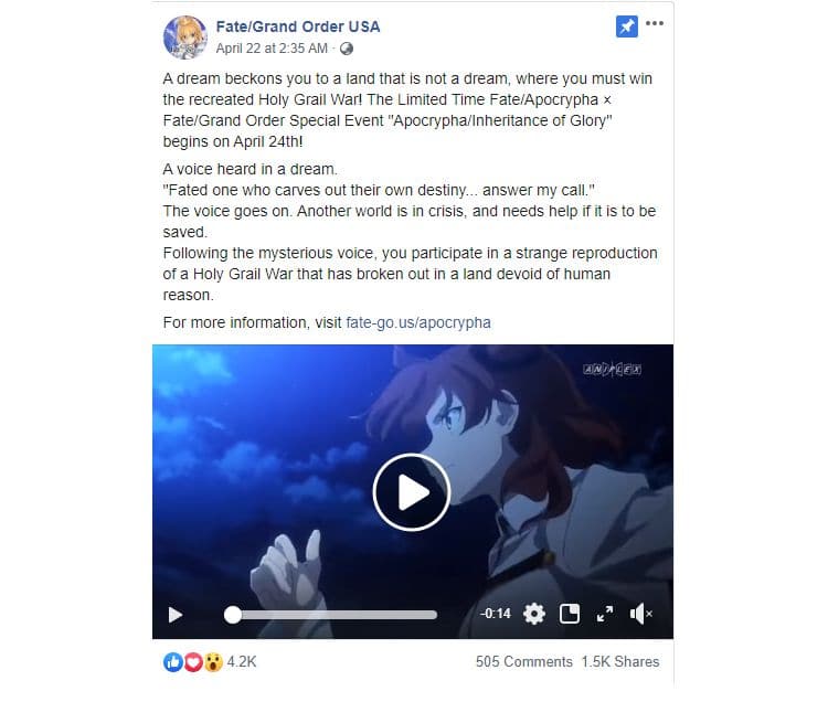 Post on Facebook about Fate Grand Order Apocrypha